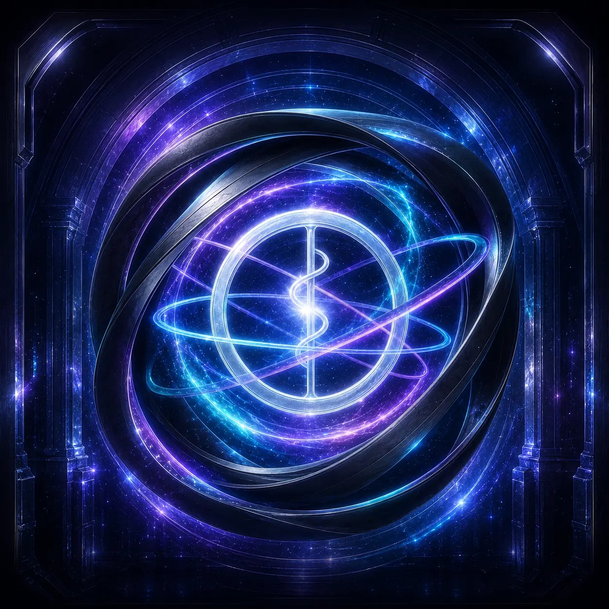 The AETHRUM symbol held inside a dimensional orbital portal